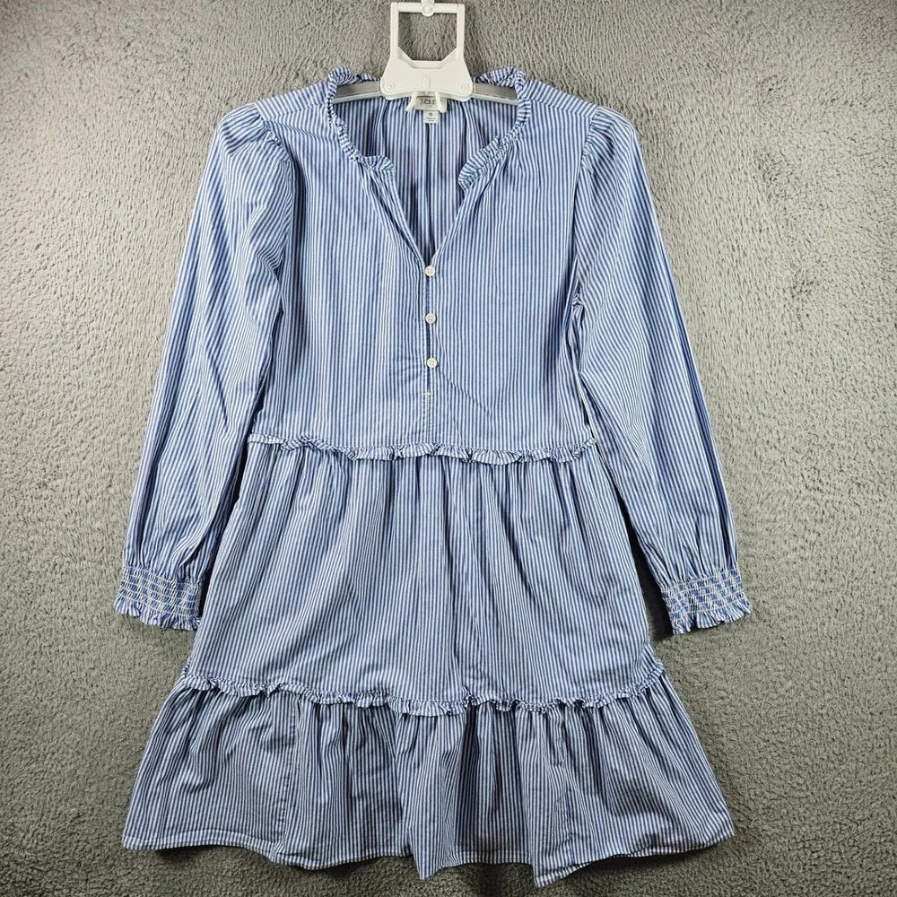 J. Crew Blue White Striped Ruffle Neck Tiered‎ Smocked Cuff Mini Dress Size 6